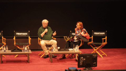 Sur la scène de la Cinémathèque française : Alain Le Diberder, expert des médias et des technologies numériques, et Laurence Allard, maîtresse de conférences en sciences de la communication à l’IRCAV-Sorbonne Nouvelle et à l’ObsIA/Université de Lille-Fasest © Denica Tacheva