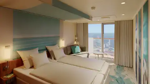 eine neu gestaltete gästekabine auf einem kreuzfahrtschiff mit zwei einzelbetten, modernen möbeln und blick auf das meer.