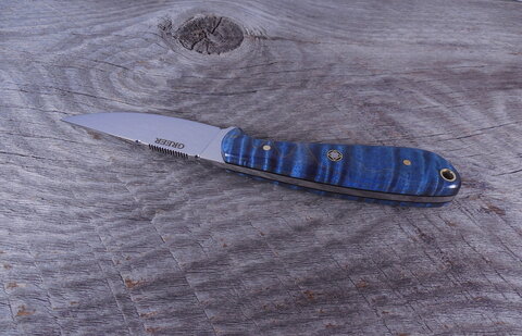 H14 Top View Blue Flame Maple EDC Knive highlighting jimping