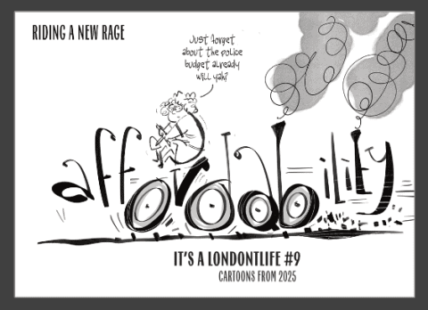 Cover of It's a LondOntLife #9 with the cartoon of the word "Affordability" as a bumpy car.