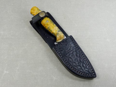H4 Maple Burl Hunting Knife inside handmade black leather sheath