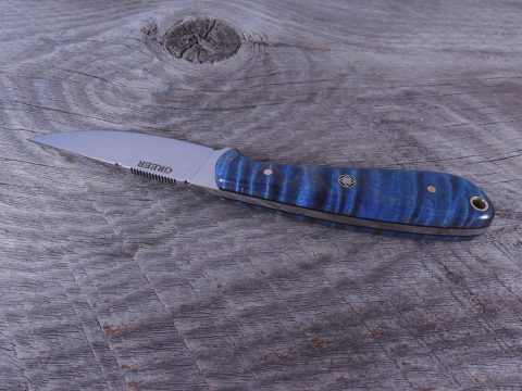 H14 Top View Blue Flame Maple EDC Knive highlighting jimping