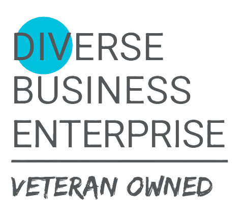 Logo design with the text Diverse Business Enterprise Veteran Owned, featuring a blue circle highlighting the word Diverse and modern gray typography.