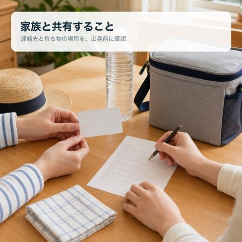 夏の外出に備え、家族が連絡先カードと持ち物の確認をしている手元