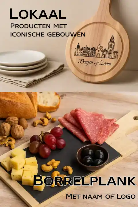 Unieke houten serveerplank met iconisch Bergen op Zoom ontwerp.