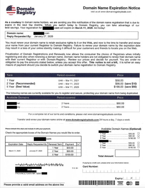 A sample domain renewal letter from DomainRegistry
