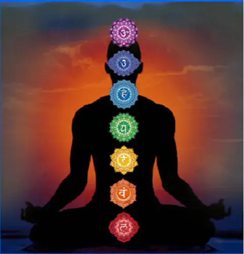 Aura reading- An illustration of a human silhouette in a cross legged meditative pose, set against a glowing orange and blue sunset background. Seven colorful, intricate mandala-style symbols representing the chakras are aligned vertically along the center of the figure: Crown (Sahasrara): Purple, positioned above the head. Third Eye (Ajna): Indigo/Dark Blue, on the forehead. Throat (Vishuddha): Light Blue, at the throat. Heart (Anahata): Green, in the center of the chest. Solar Plexus (Manipura): Yellow, at the upper abdomen. Sacral (Svadhisthana): Orange, at the lower abdomen. Root (Muladhara): Red, at the base of the spine. Each symbol contains a unique Sanskrit character in its center, and the silhouette's hands are resting on its knees in a traditional mudra (hand gesture).