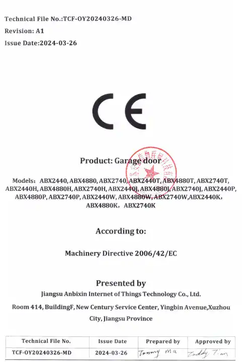 CE certificate for ABX sectional doors ensuring international quality standards