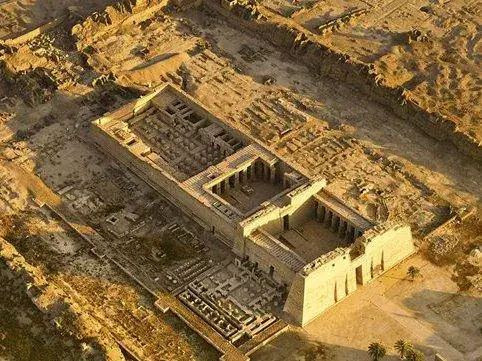Aerial view of the Medinet Habu temple complex on Luxor West Bank