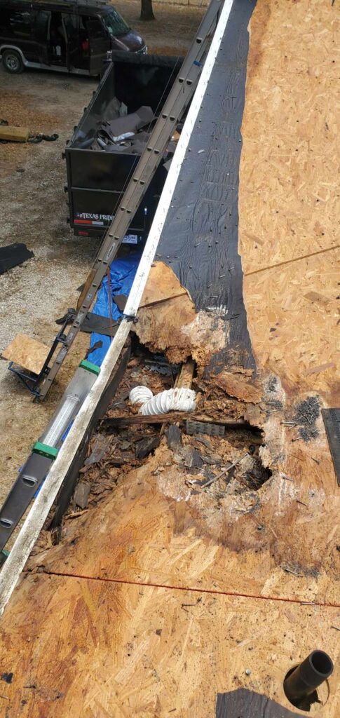 Severe roof decking damage with wood rot uncovered during a roof inspection by JDCC Roofing in Weatherford, TX