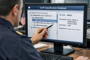 A trade compliance officer points at a computer screen displaying a tariff classification database, showing chapters, headings, and subheadings for fresh Atlantic salmon, in a professional office setting.