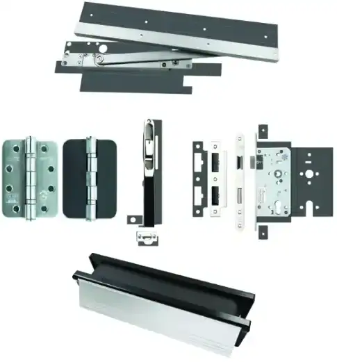Door hardware displayed with shaped protection pads