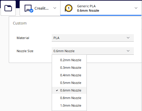 cura nozzle size menu