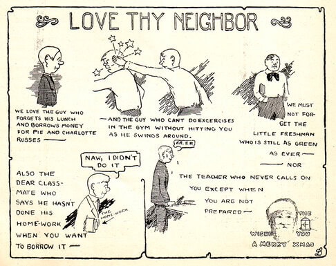 Crockett Johnson, "Love Thy Neighbor," cartoon from the Newtown H.S. Lantern, Dec. 1921