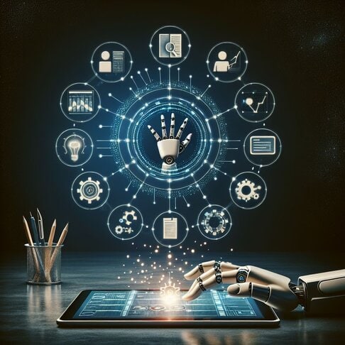 AI and business automation solutions connecting intelligent workflows, data analysis and digital processes.