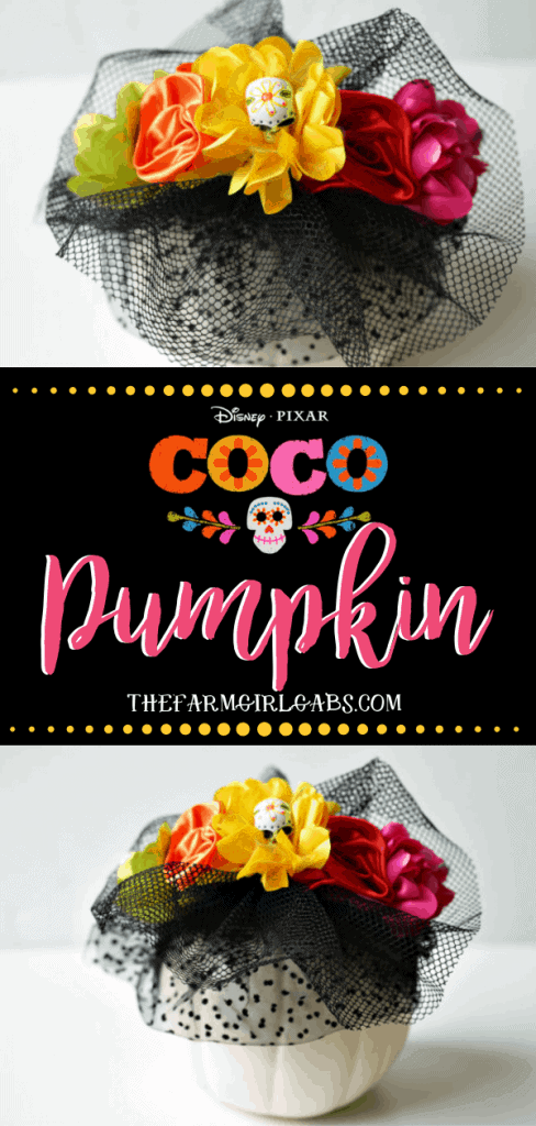 Halloween is the perfect time to celebrate the movie Coco with this easy DIY Sugar Skull Disney Pixar Coco Pumpkin. Make your own to celebrate the Day of the Dead. #Halloween #Coco #DisneyCoco #Pumpkin #Pixar