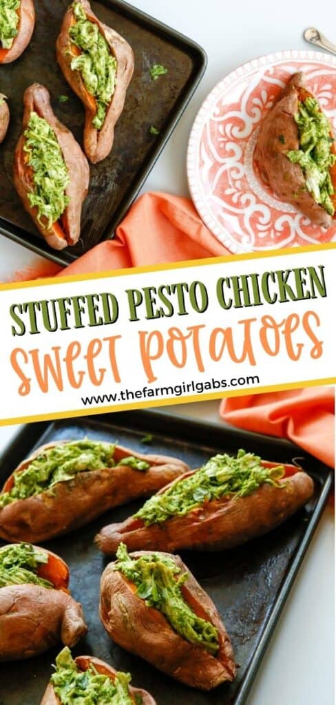 Enjoy a dairy-free and flavorful dish when preparing the Pesto Chicken Stuffed Sweet Potatoes. You can prepare this Whole 30 recipe in less than two hours. You will love how easy this sweet potato recipe is to make. This baked sweet potatoes recipe is so delicious.