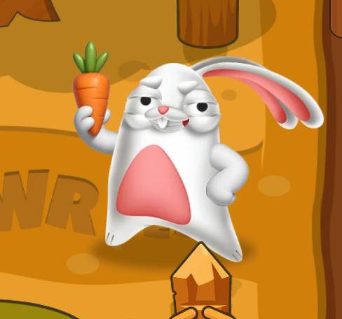 Animated rabbit character in Rabbit Road gambling game with rising multiplier overlay