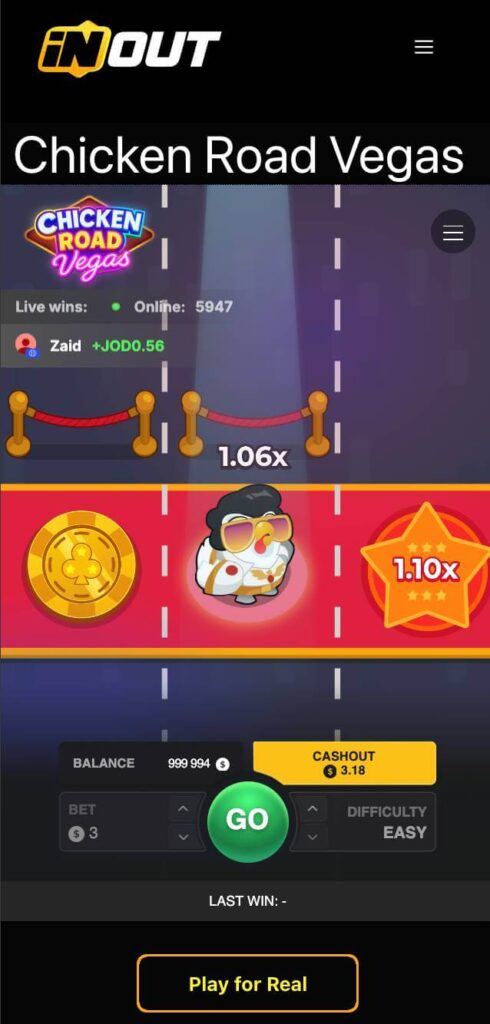 Mobile Chicken Road Vegas themed artwork with neon casino strip, traffic, and animated chicken character