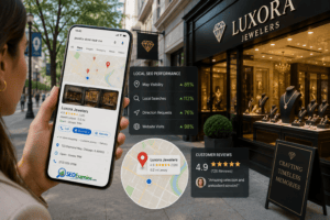 Customer finding a nearby jewelry store through local Google search and map results