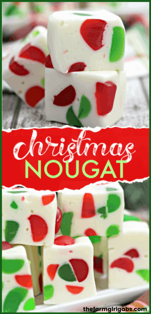 Make a batch of this delicious Christmas Gumdrop Nougat to share with friends and family during the holidays. This easy candy recipe is a real treat. #Nougat #Christmas #Candy #ChristmasNougat #GumDrops #CandyRecipe #HolidayBaking #ChristmasRecipe