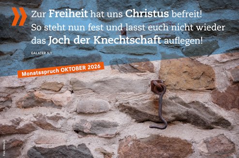 Monatsspruch Oktober 2026 Zur Freiheit hat uns Christus befreit! So steht nun fest und lasst euch nicht wieder das Joch der Knechtschaft auflegen! Galater 5,1 Foto: Daniela Hillbricht