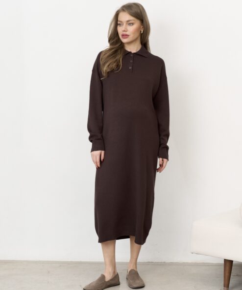 Шоколадное вязаное платье-поло для беременных Nova