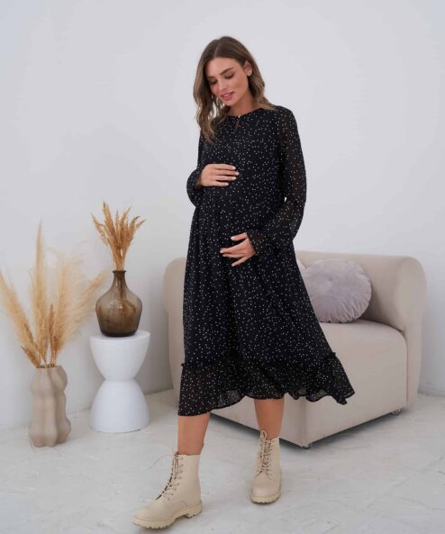Черное платье в горошек для будущих и кормящих мам Valencia