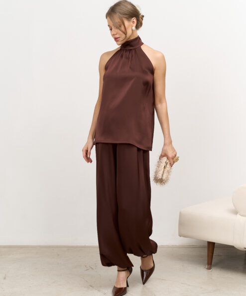 Шоколадные атласные брюки-шаровары Frani