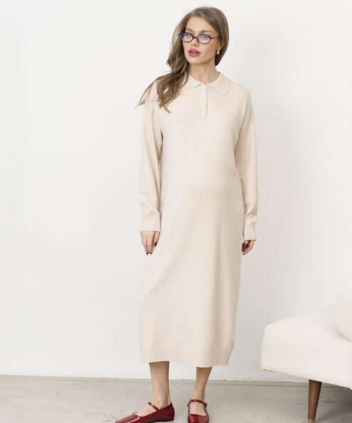 Молочное вязаное платье-поло для беременных Nova