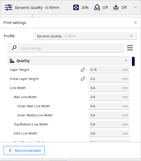 cura print settings in custom view