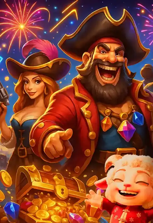 Permainan mesin slot pulau harta karun lanun berwarna-warni yang menampilkan simbol seperti syiling emas, peti harta karun dan kapal lanun.