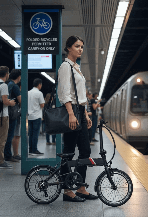 Woman standing with a folded black e-bike on a subway platform.