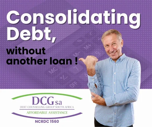 Smiling man pointing confidently with text 'Consolidating Debt without another loan' and the DCGsa logo below.