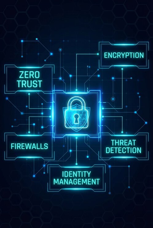 Cybersecurity and data protection solutions featuring zero trust, encryption, firewalls, threat detection and identity management.