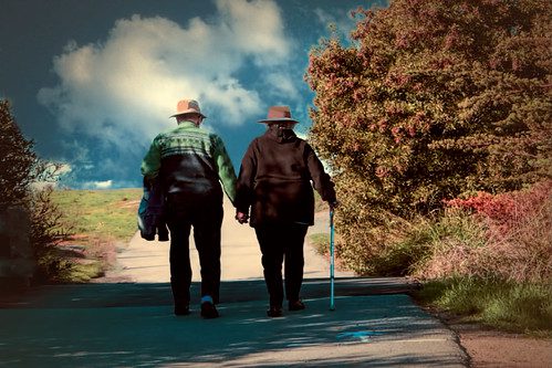 Two Senior Citizens Walking on a Pathway