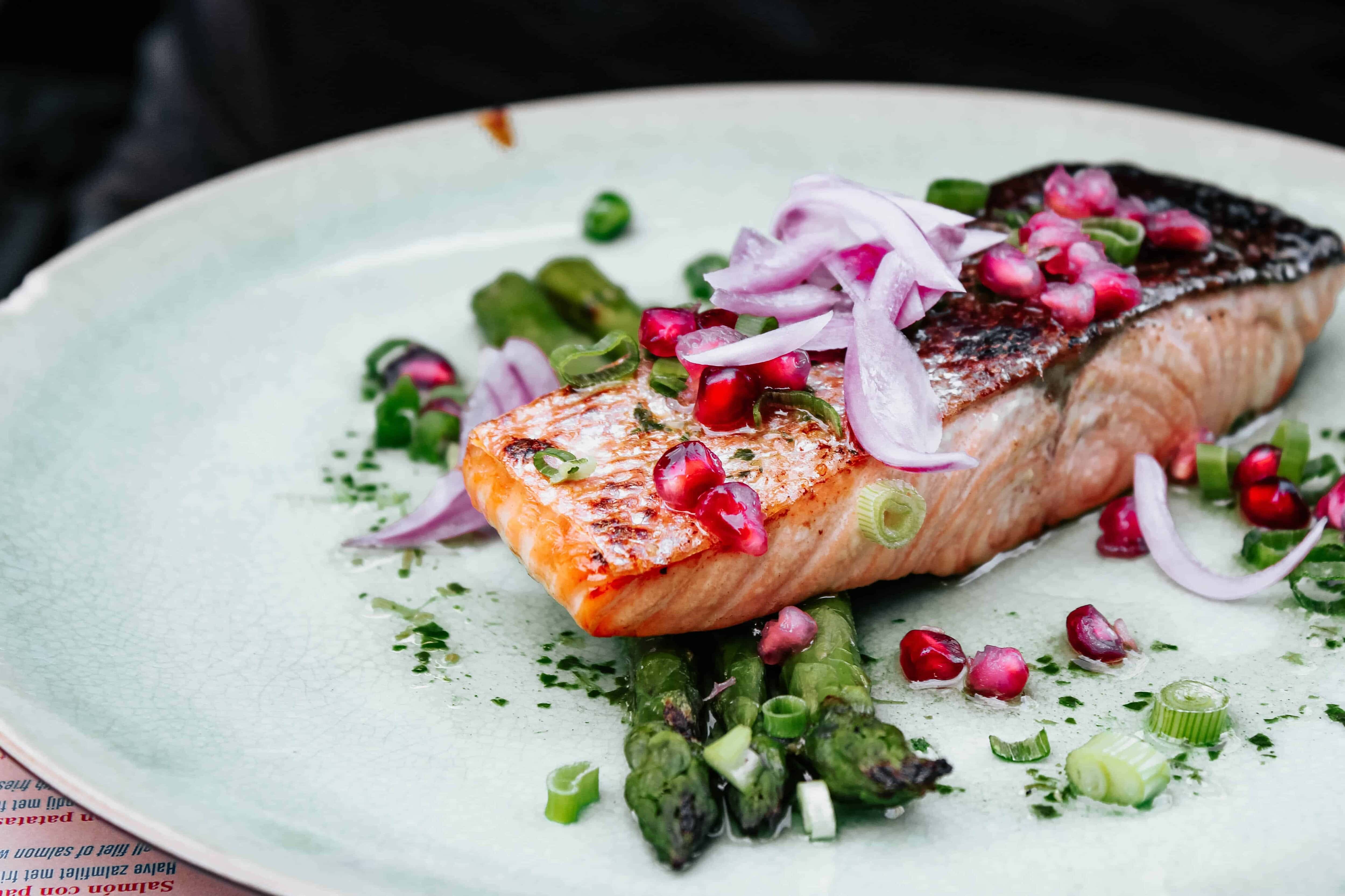 Foods for Healthy Skin, photo of salmon on a plate, with vegetables
