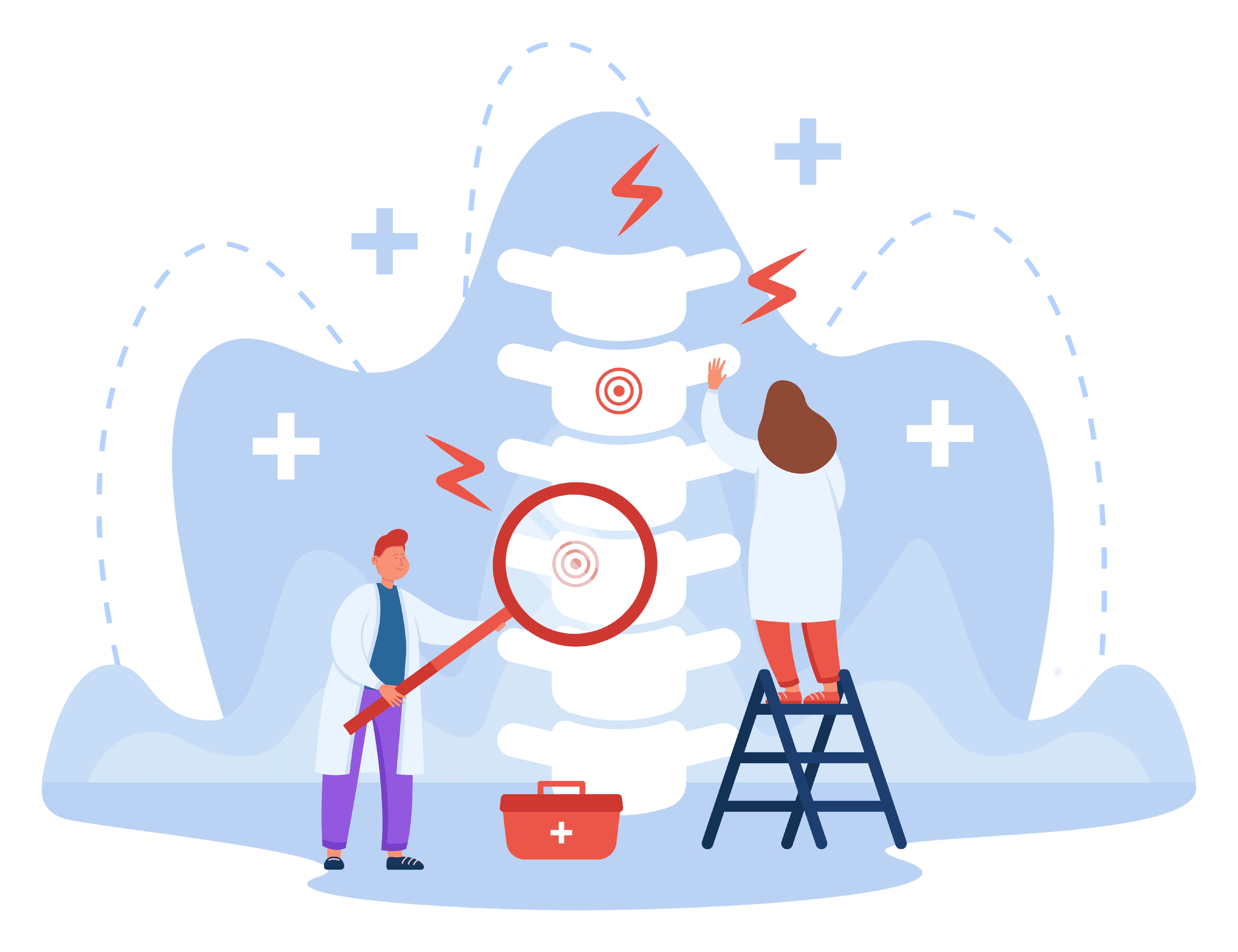 Life Insurance for back problems. Two doctors working together to treat a patient's back. The graphic shows a detailed depiction of the patient's large spine, with each disc clearly visible.