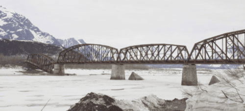 The Million Dollar Bridge, built for $1.4 million and completed in 1910, was the largest construction challenge of the Copper River and Northwestern Railway. The northern span fell in 1964 during the Good Friday Earthquake. Photo by Ned Rozell.