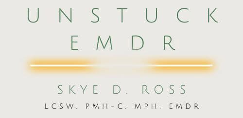 Logo of Skye Ross Therapy featuring the name "Skye D. Ross" with credentials LCSW, PMH-C, MPH, EMDR, on a light background with subtle design elements.