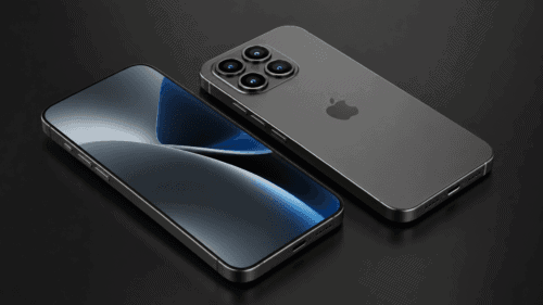 تصميم خيالي لهاتف iPhone 18 بشاشة كاملة وإطار تيتانيوم وكاميرا خلفية رباعية على خلفية داكنة