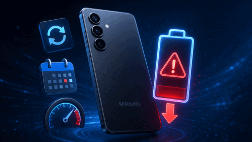 هاتف Samsung Galaxy S24 مع أيقونة بطارية تحذيرية ورمز تحديث برمجي على خلفية زرقاء داكنة، تعبيراً عن مشكلة استنزاف البطارية بعد تحديث أبريل