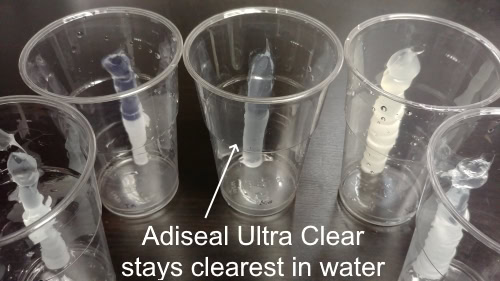 Clear sealant comparison in water. Adiseal Ultra Clear stayed clear whereas competitor products turned white in water.