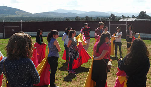 Group of students holding bullfighting capes