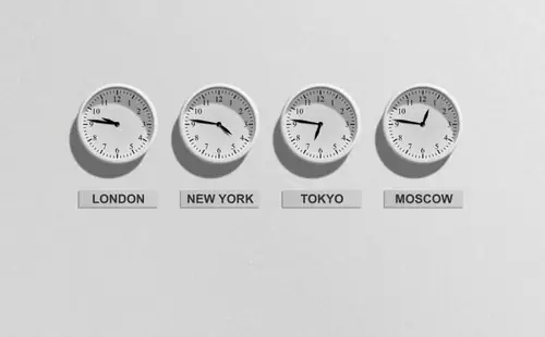 Four wall clocks showing time for London, New York, Tokyo, Moscow