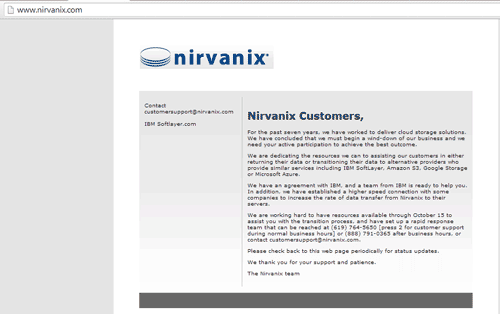 nirvanix customer message