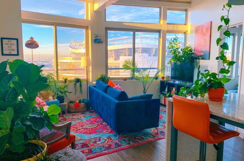 Modern apartment living room with a blue couch surrounded by lush greenery and stylish design accents showcasing contemporary apartment decor ideas for small spaces.