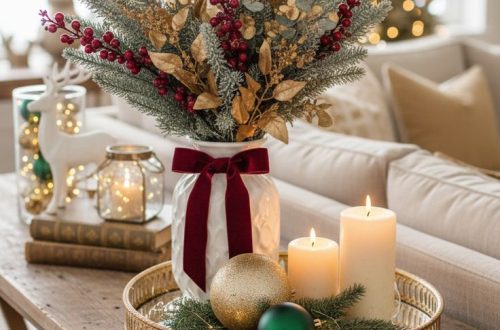 Cozy living room coffee table styled with Christmas decor a vase of pine branches and a glowing Christmas tree in the background showcasing festive Christmas decor ideas for the home.