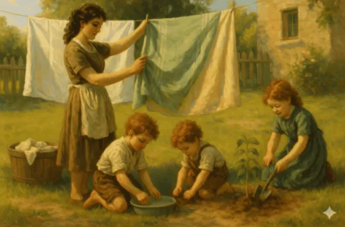 mulher estendendo no jardim roupa ao lado dos 3 filhos que bisncam com agua e terra