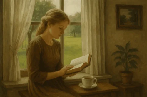 devocional da diligencia, uma moça sentanda em frente a uma janela lendo a biblibia tomando chá
